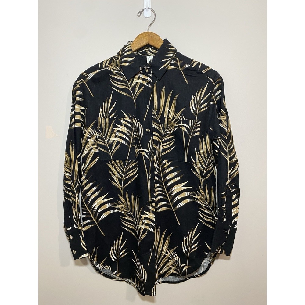 Joie Womens Black Linen Blend Tropical Palm Print Button Up Shirt XS Long Sleeve